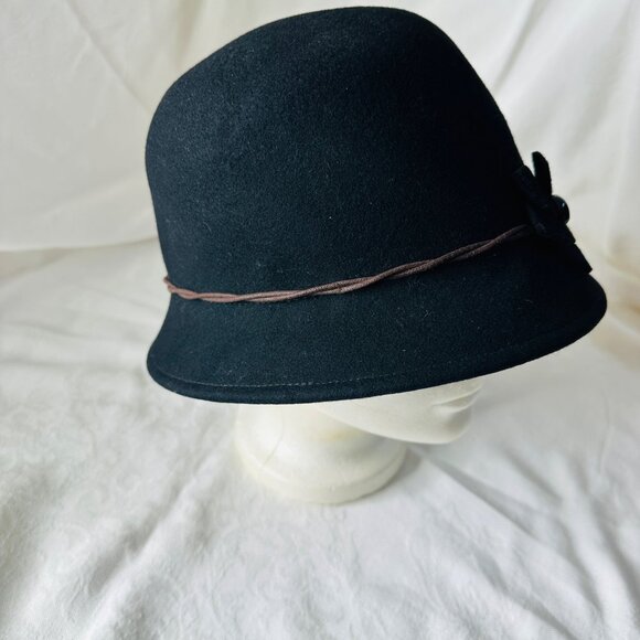 Memar Italy Black Wool Cloche Hat Flower Gray Cabochon Stone Brown Twisted Band - Picture 5 of 10